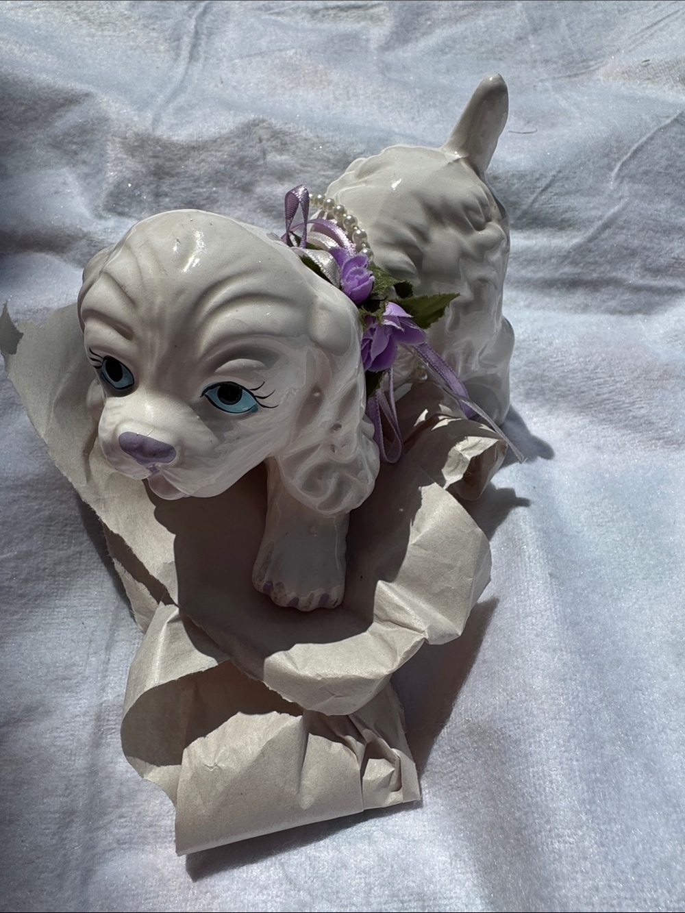 White Ceramic Puppy Figurine with Lavender Flower Collar